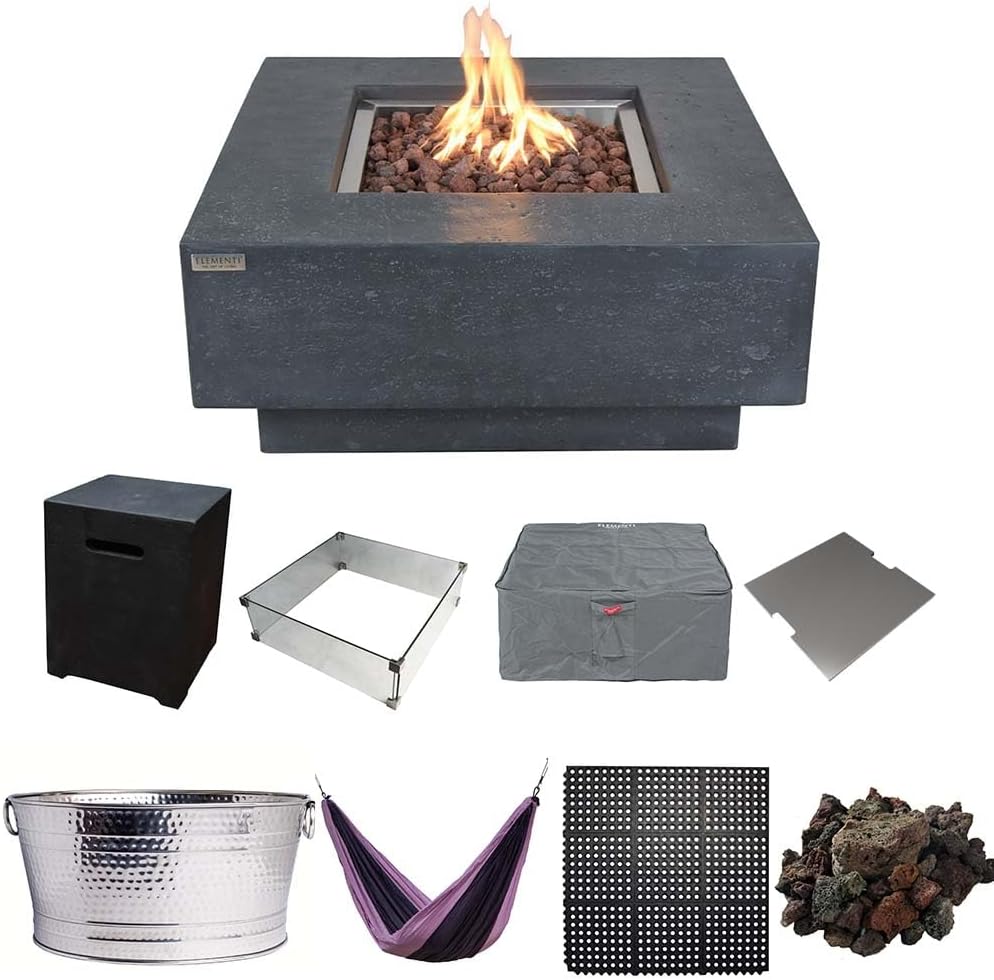 Elementi Manhattan Dark Grey 36” Propane Fire Pit Table Outdoor Fire Table with Glass Windscreen, Stainless Steel Cover, Tank Cover, Canvas, Floor Mat, Hammock, Beverage Tub