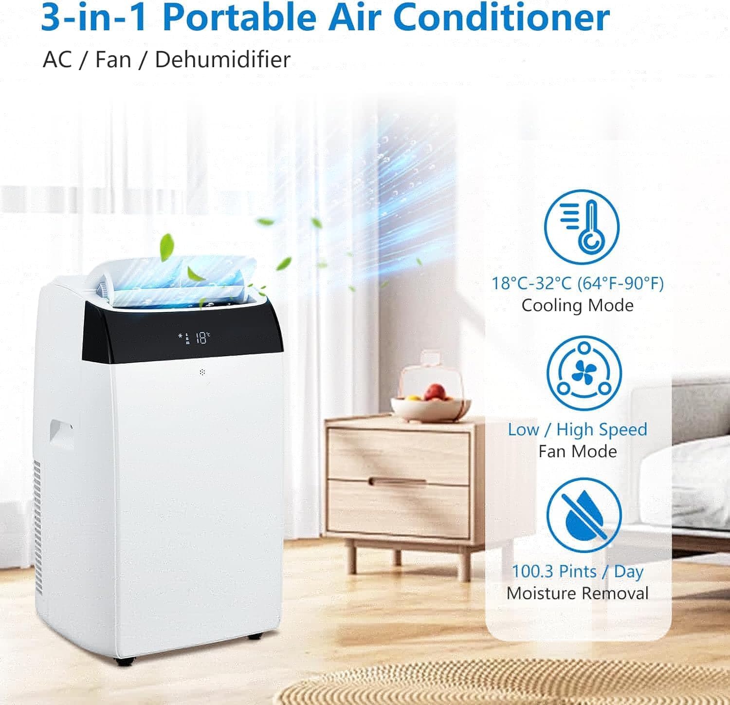 14000 BTU Portable Air Conditioner, 3-In-1 Cool, Fan, Dehumidify Modes, Cools up to 700 Sq. Ft, Quiet AC Unit with LED Display, with Remote Control, 24 H Timer for Living Room, Dorm, Office