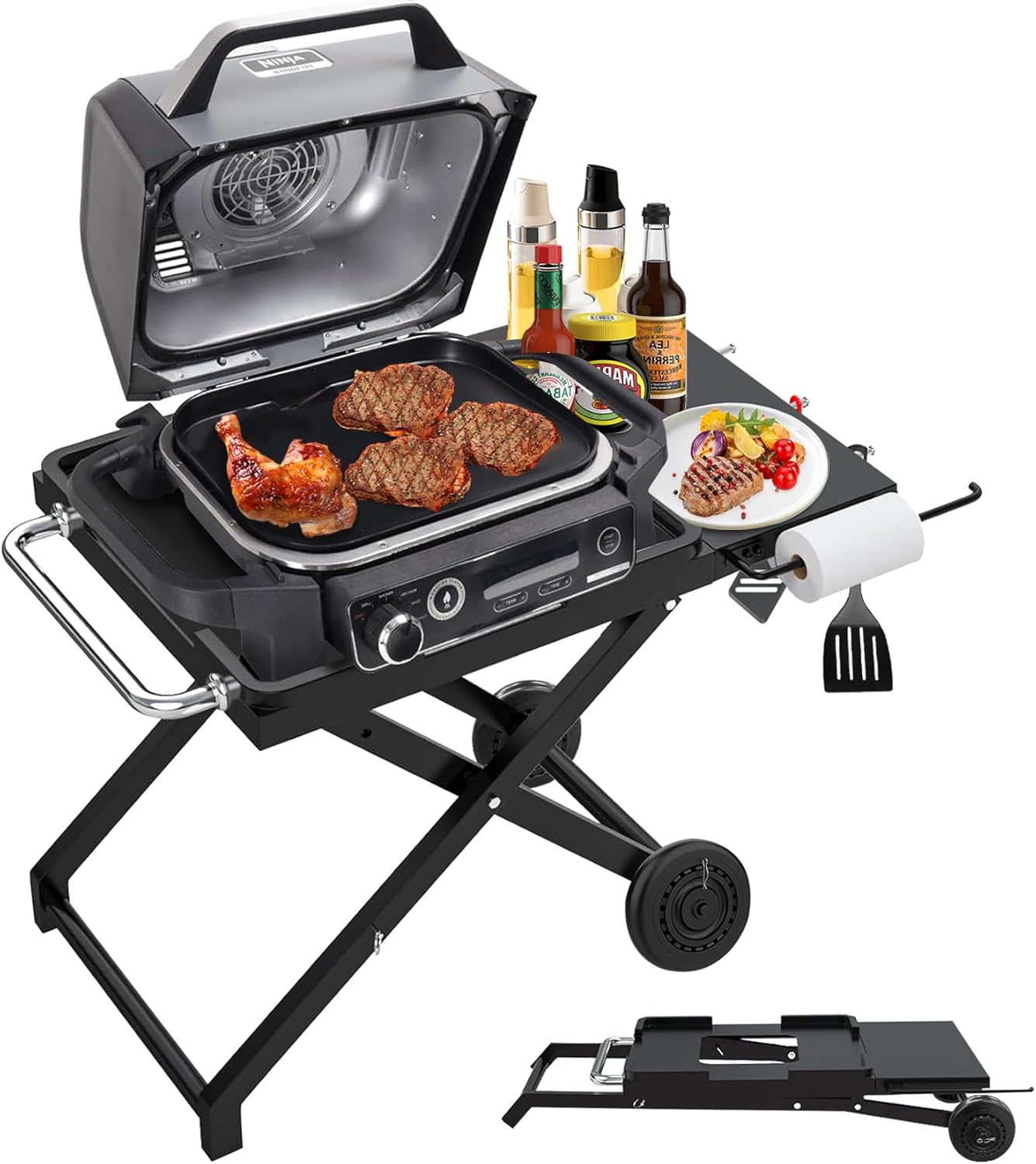 Collapsible Grill Stand for Ninja Woodfire Outdoor Grill OG700/800/900 Series & OO101 Outdoor Pizza Oven Stand, Foldable Grill Cart for Blackstone 17/22 Griddle Stand, with Wheels & Side Table