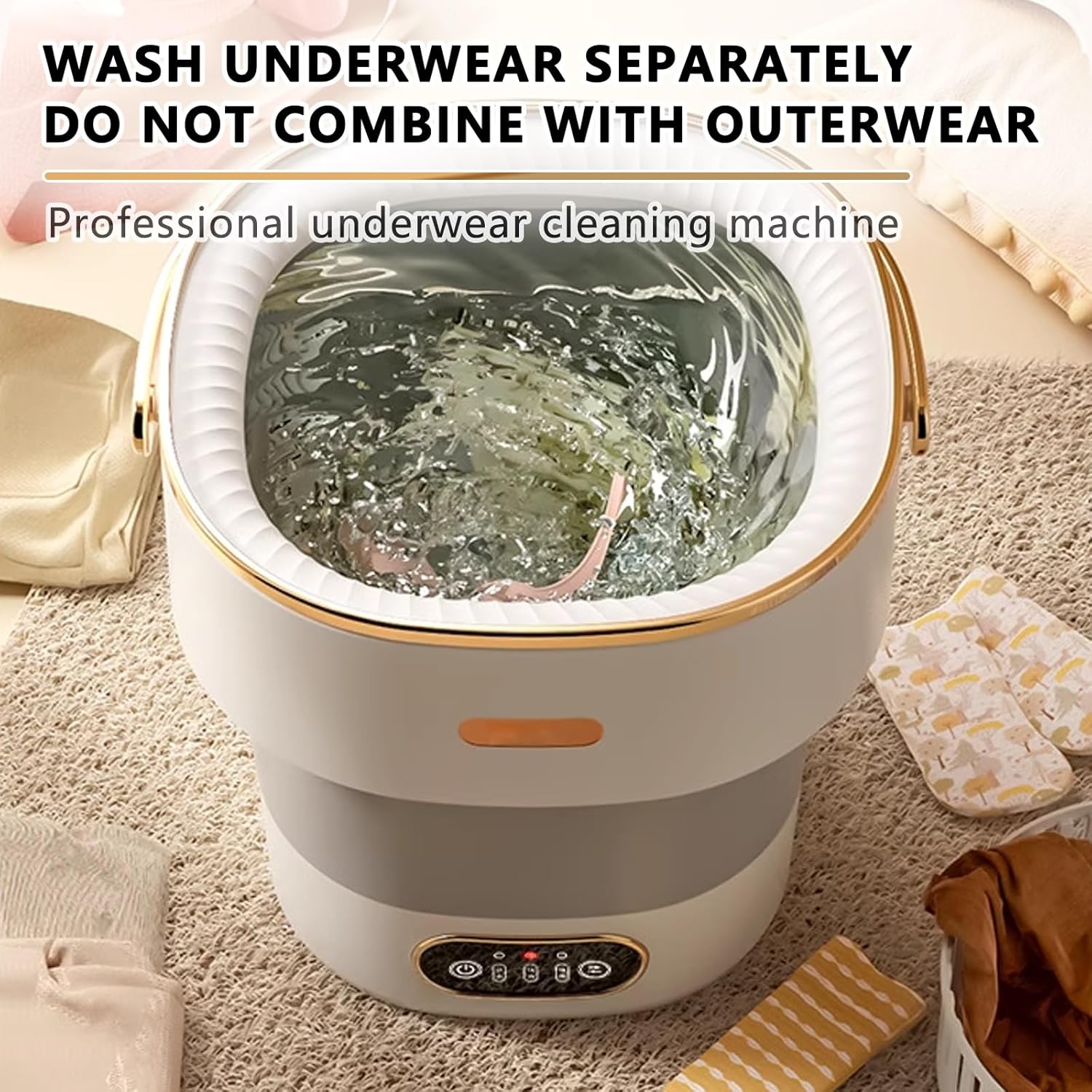 Portable mini Washing Machine with Spin Basket Foldable Compact Washer for Underwear Small Clothes Ideal for Home Apartments Dormitories Hotels Travel(Beige)