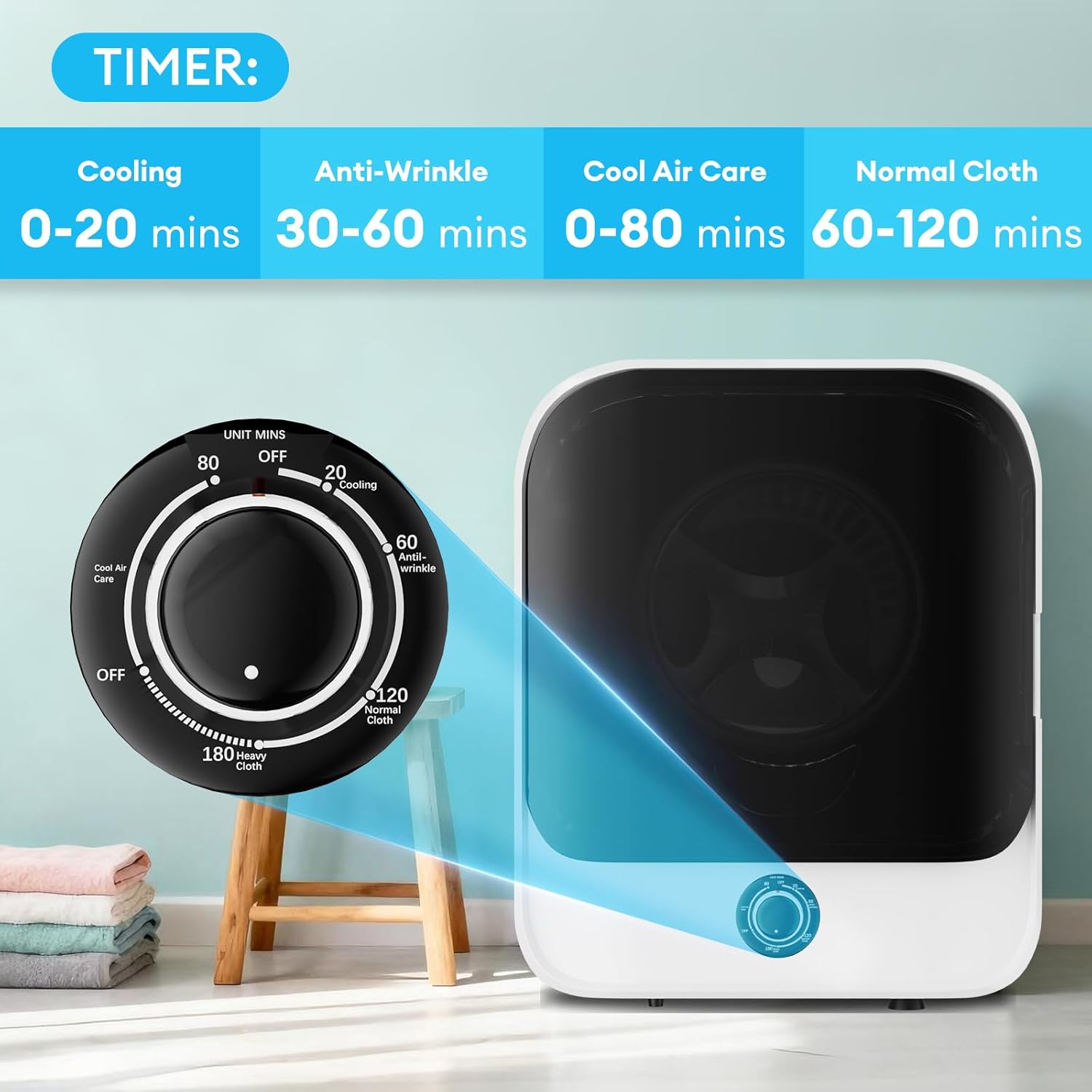 TABU 2.6 Cu.Ft. Portable Dryer for Laundry, 110V Compact Portable Clothes Dryer with Stainless Steel Tub & Control Knob, for Apartments, Dorm, RV, White