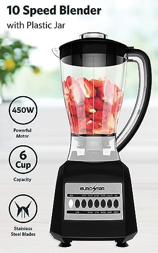 EUROSTAR EBL820BK 450W 10-Speed Plastic Jar Blender, Black