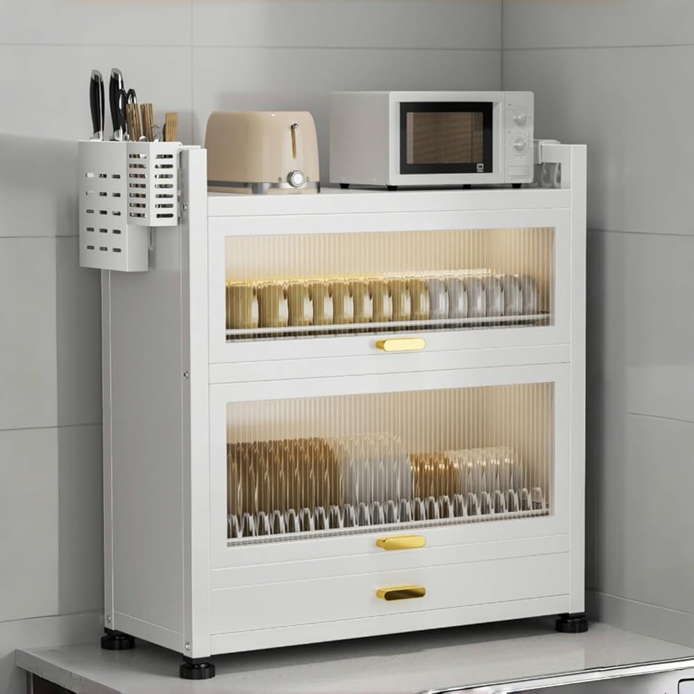 Kitchen Countertop Dish Cabinet with Drawers, Countertop Pantry with Drain Trays and Doors, Multifunctional Microwave Oven Rack, Space-Saving Dish Organizer for Dining room(White,17.7''x11.4''x28'')