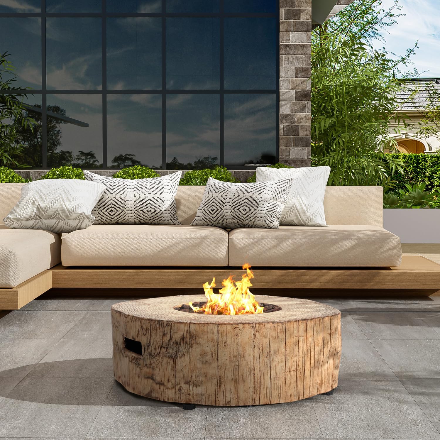 Patio Propane Fire Pit Brown 30,000Btu Stylish Wood Pattern Design Outdoor Cozy Gatherings