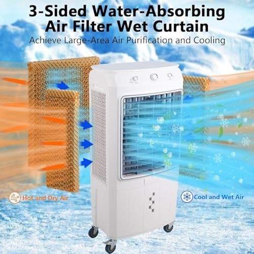 Evaporative Air Cooler, 4100CFM Swamp Cooler Air Conditioner with 4 Ice Packs & Remote Control, 3 Modes & Wind Speeds, 12H Timer, 8.4 Gallon Water Tank, for Outdoor, Indoor, Garage (15.8 Gallon)