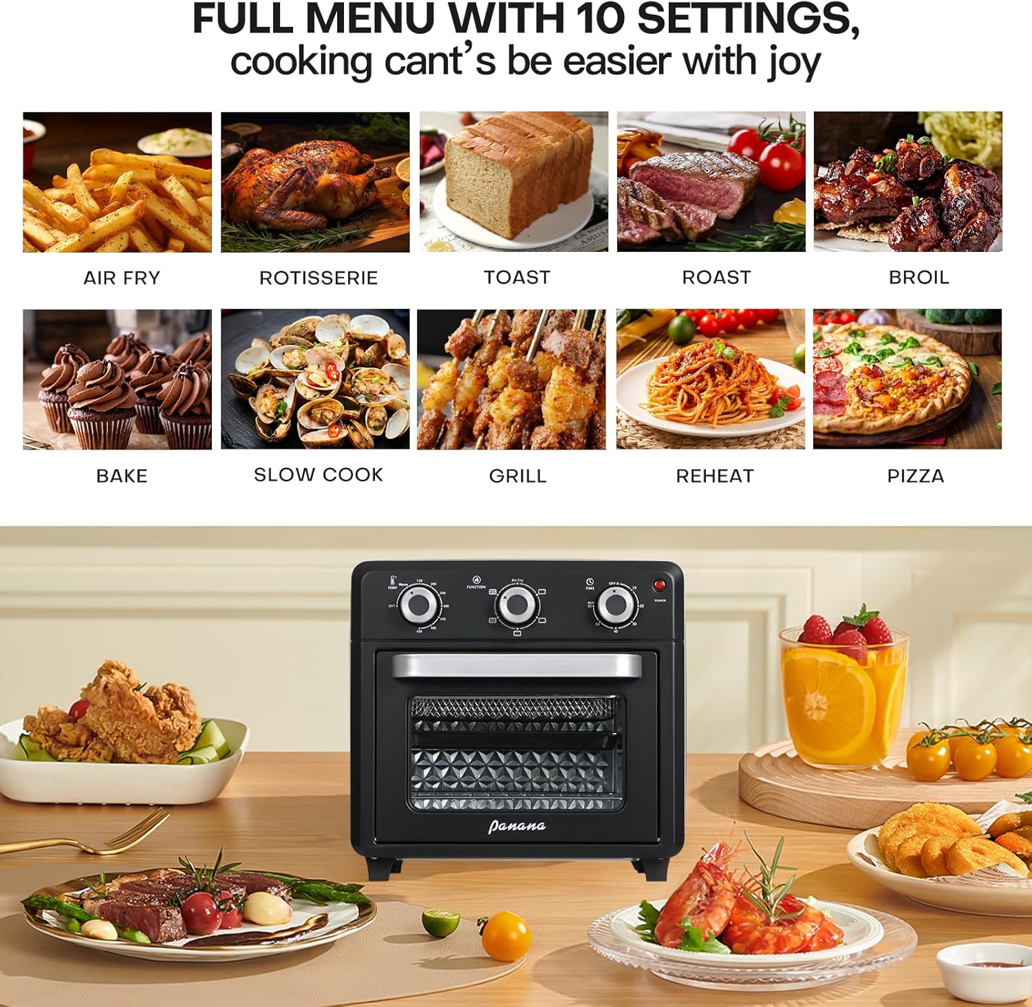 Panana Compact Airfryer Toaster Oven, 1400W 21QT with 6-in-1 Multifunctions and Wide Temperature Range, Air Fryer Oven with 60-Minute Timer/Auto-Off, Stainless Steel Countertop Oven (Black)