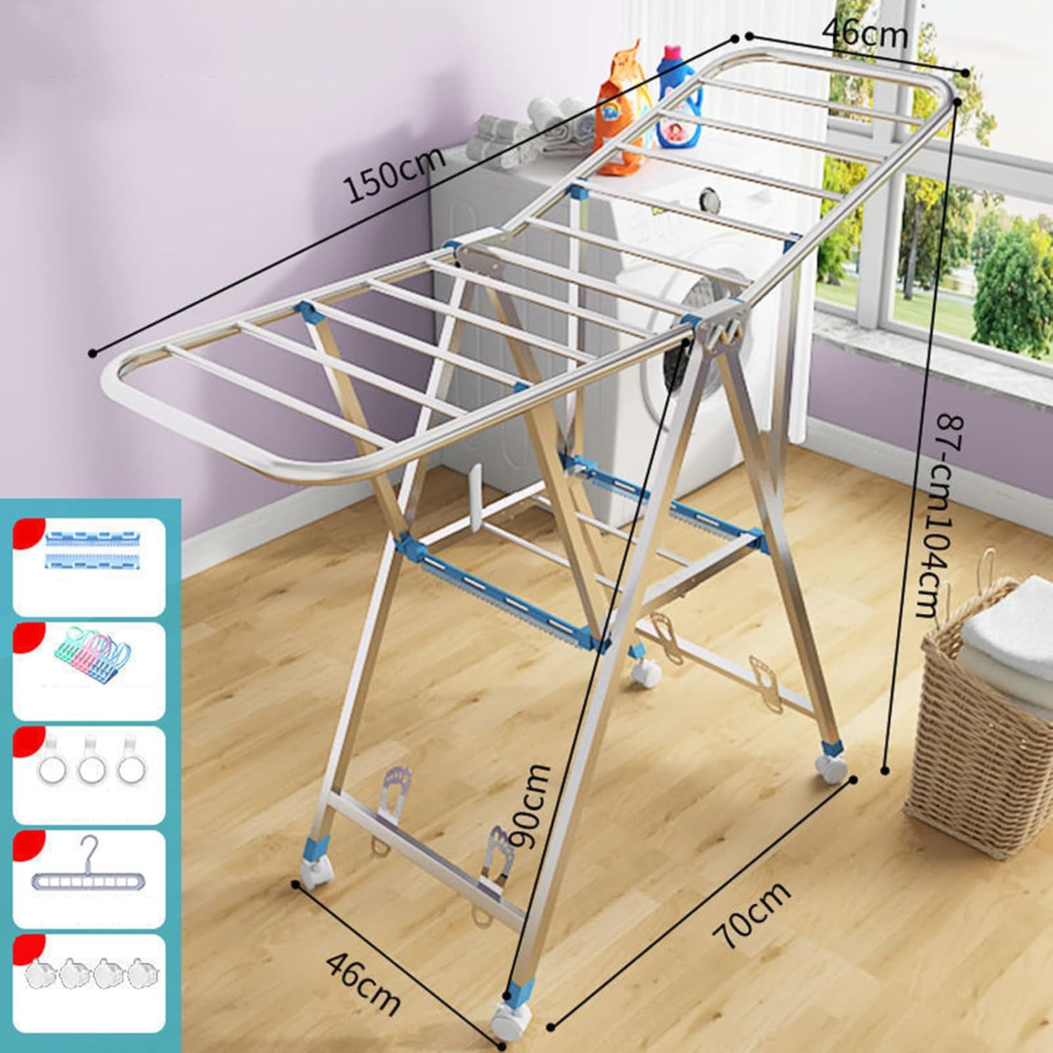 Outdoor Drying Rack Clothing Foldable, Clothes Drying Rack, Collapsible Laundry Rack with Hanging Rods, Shoe Hangers, Adjustable Wing and Foldable Design (1.5m)