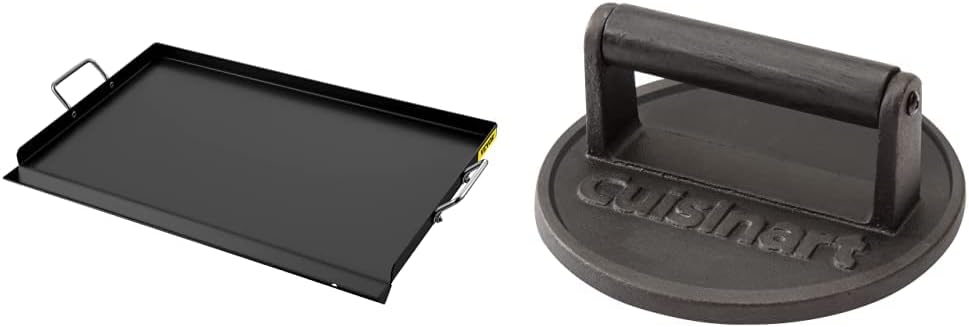 VEVOR Carbon Steel Griddle, Griddle Flat Top Plate, Griddle for BBQ Charcoal/Gas Gril with 2 Handles, Rectangular Flat Top Grill & Cuisinart Smashed Burger Press, Cast Iron CISB-111
