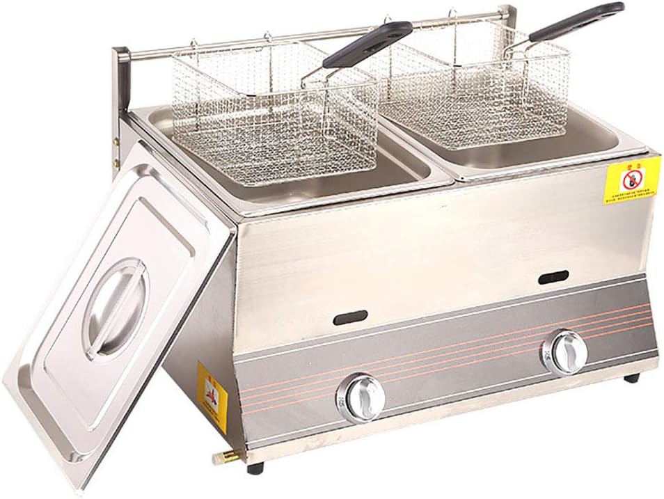 Gas Deep Fryer 6L/12L Commercial Deep Fat Fryer Stainless Steel Large Capacity Countertop Deep Fryer Electronic Pulse Ignition Twin Basket Dual Tank liquefied P（liquefied Petroleum Gas-12L）