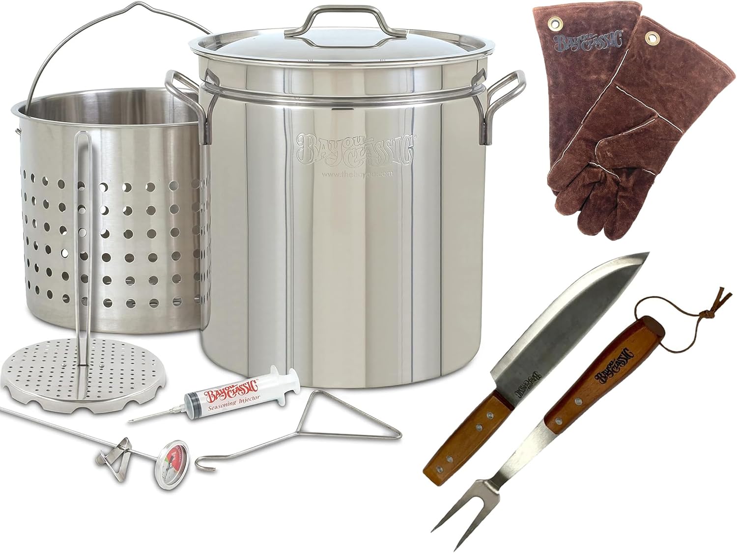 Turkey Deep Fryer Stainless Steel Oversized 44 Quart Stockpot with Basket Poultry Rack Thermometer Hook Seasoning Injector Knife and Fork Set Pair of Fry Gloves for Super Large Turkeys up to 25 Pounds