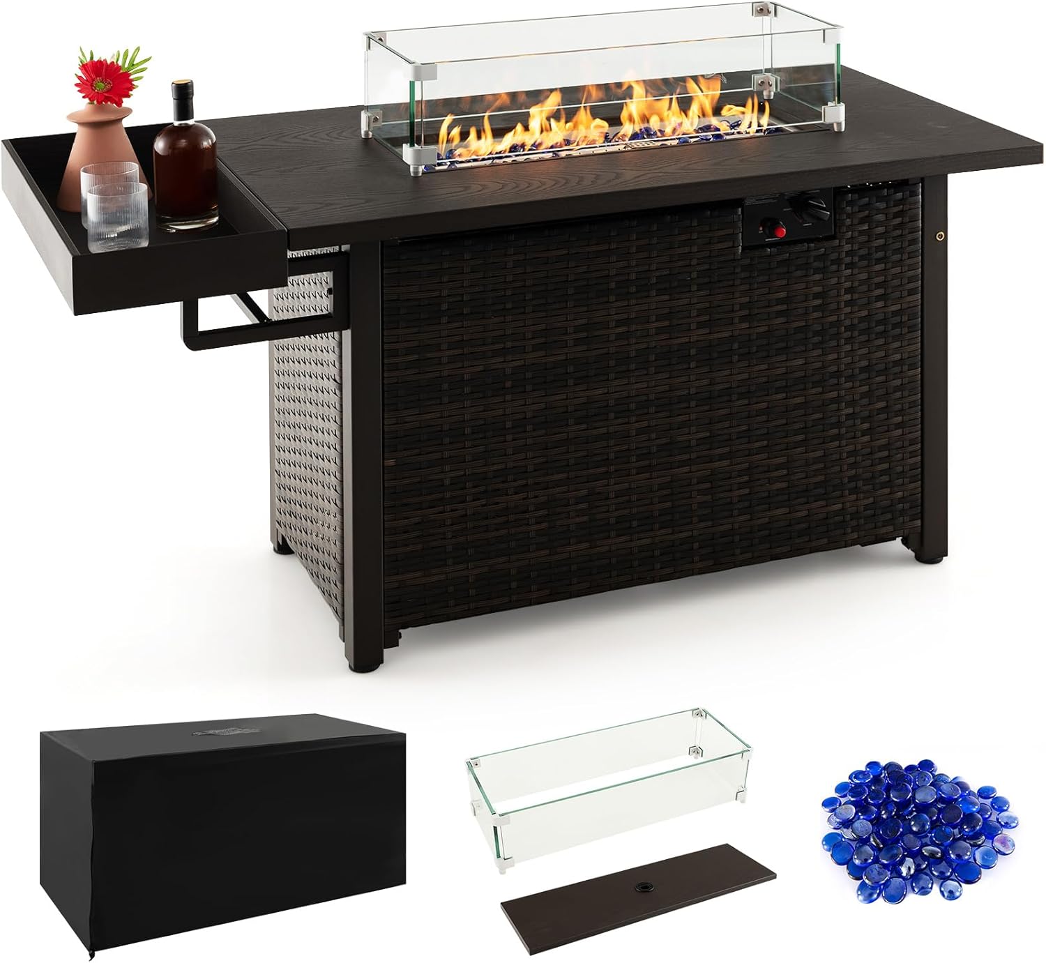 Tangkula Patio Propane Fire Pit Table, 52 Inch Wicker Gas Fire Pit with Wind Guard & Extended Shelf, 50,000 BTU Heat Output, Rectangular Fire Table with Blue Fire Stone & Waterproof Cover (Brown)