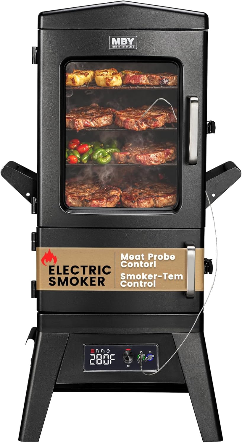 Electric Smoker with Cover, LED Display Build in Meat Probe Large Capacity BBQ Smokers, 4 Racks Smoke More with 633 sq in Cooking Area, Black
