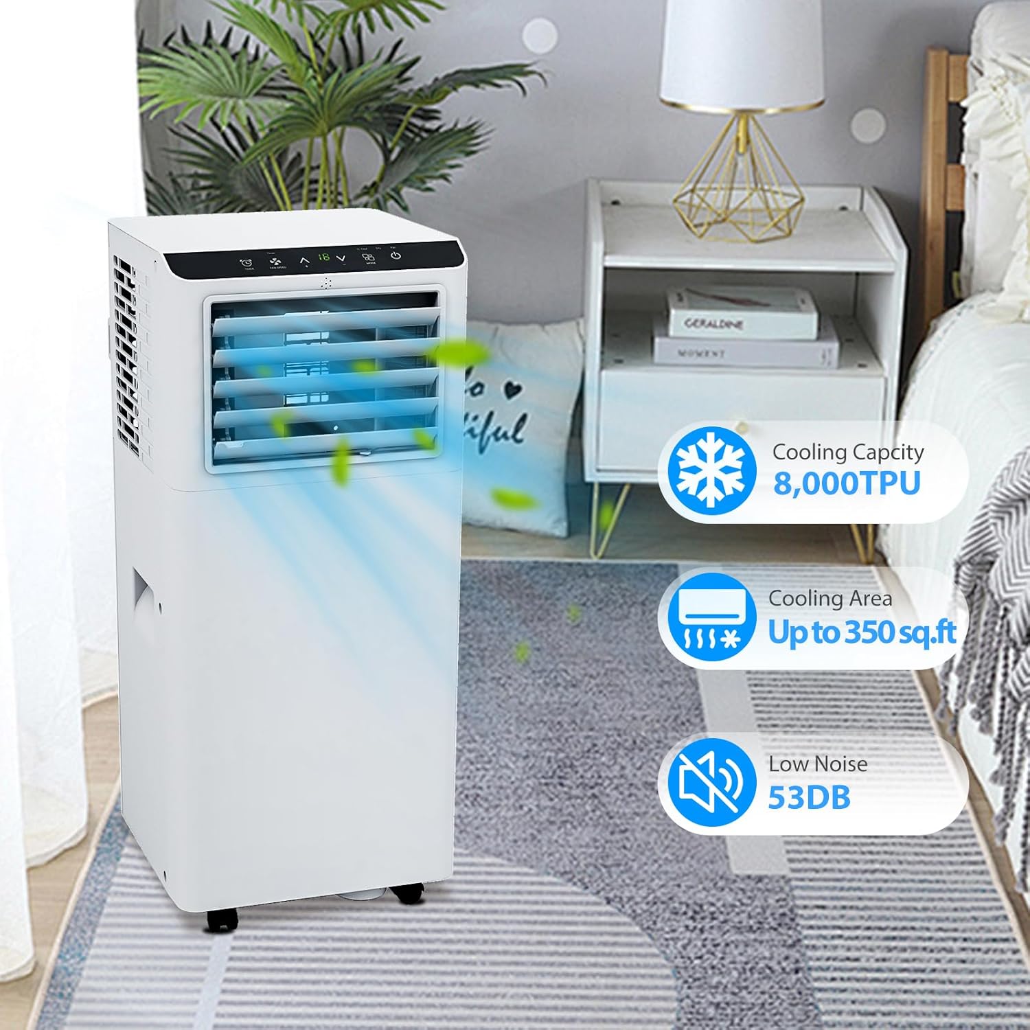 8000BTU Mobile Portable Air Conditioner, Exhaust Hose & Window Kit Included, Quiet Floor A/C Unit for Bedroom Office, with Remote Control, Timer, White