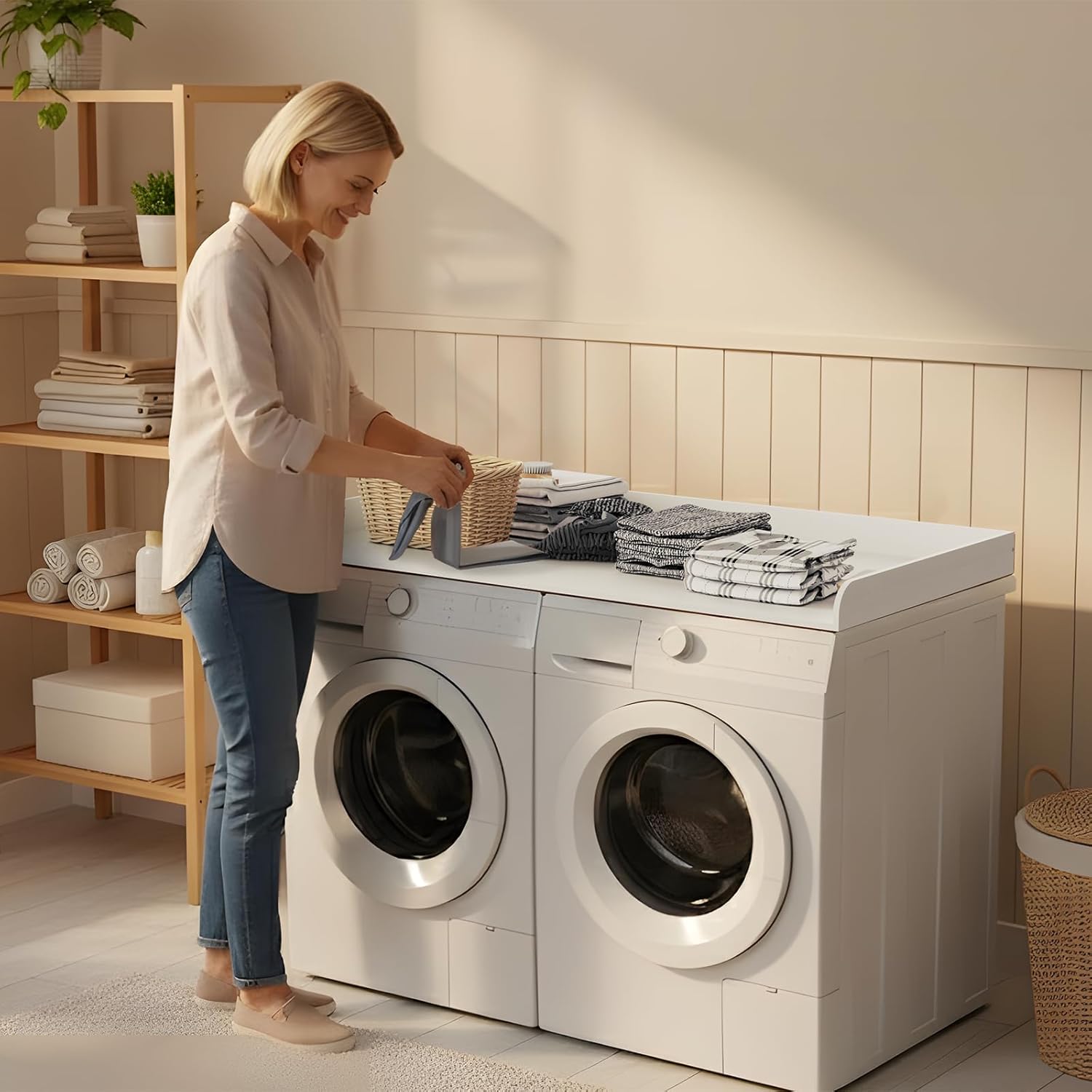 Fabuday Wood Washer Dryer Countertop for Laundry Room - 54'' W x 27.5'' D x 3.2'' H Laundry Counter Table for The Top with Edge, Storage and Organization Over Washing and Dryer, Crisp White