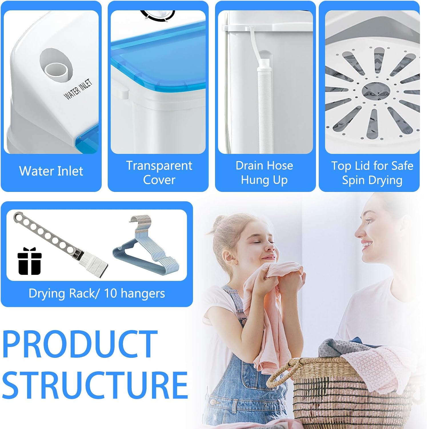 18lbs Portable Twin Tub Washing Machine with Drying Rack& Hanger, 11lbs Washer and 7lbs Spinner Combo, Comppact Laundry Machine for Apartments, Dorms, RVs, Carmping