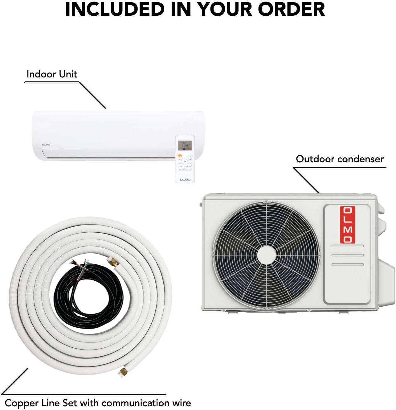 OLMO Alpic 12,000 BTU, 208/230V Ductless Mini Split Air Conditioner Heat Pump with 16ft Installation Kit