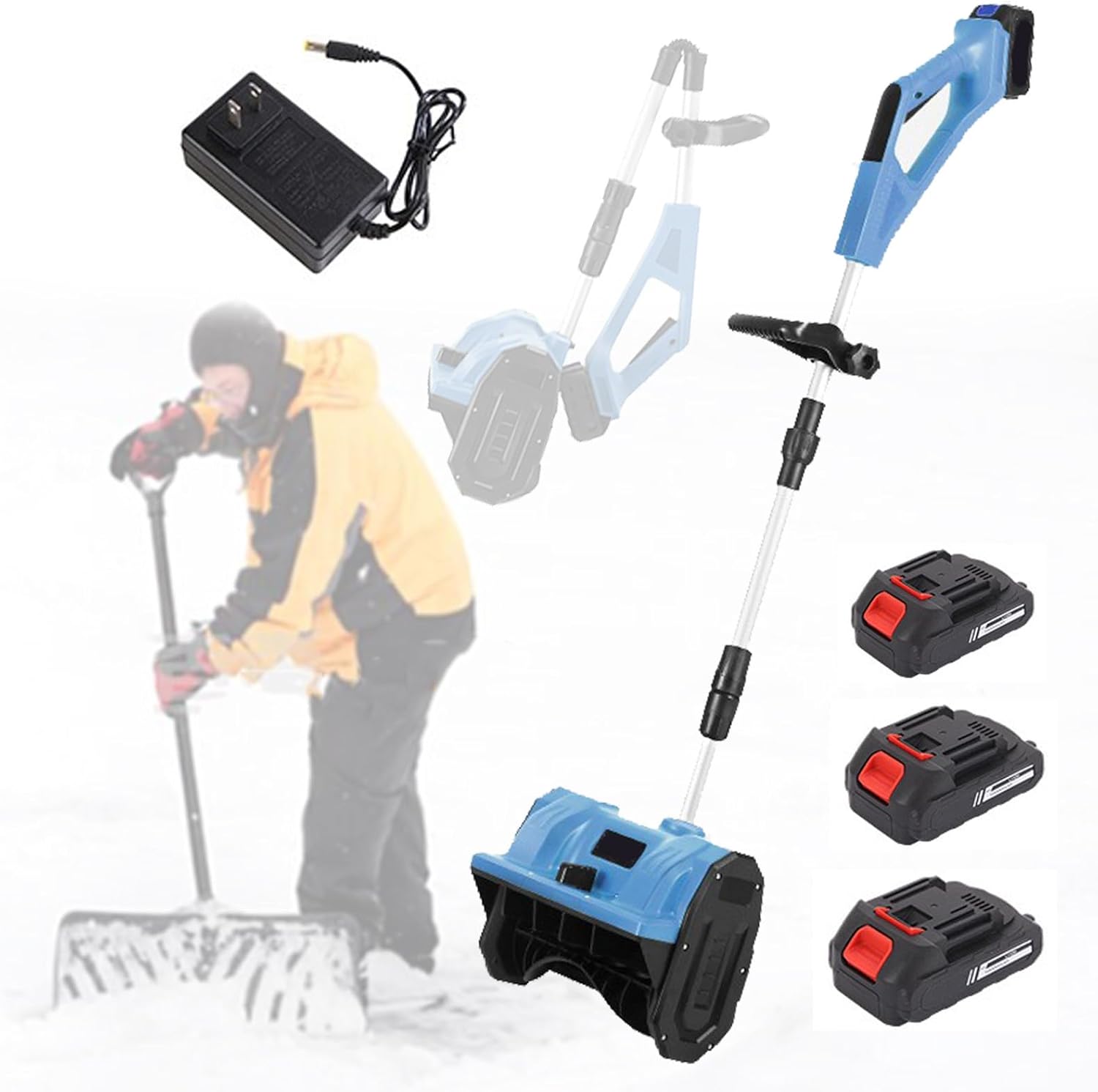 Cordless Snow Shovel, Battery Powered Wireless Brushless Snow Blower, Foldable Push Snow Sweeper with Telescopic Pole, Adjustable Direction & 3 Battery,Blue