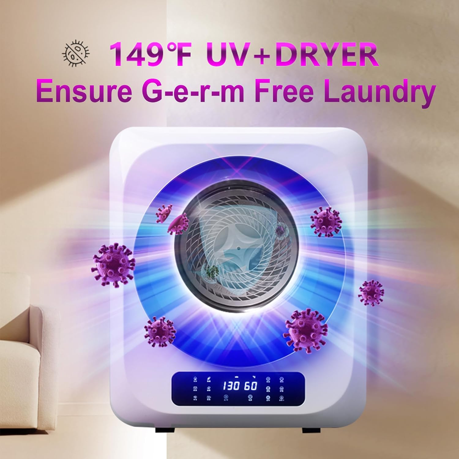 6.6Lbs Portable Clothes Dryer, 120V/850W Comtact Mini Dryer Machine with Exhaust Pipe, LED Touch Control Panel, Portable Dryers for Laundry, Apartment, Dorm, RV, White&Clear