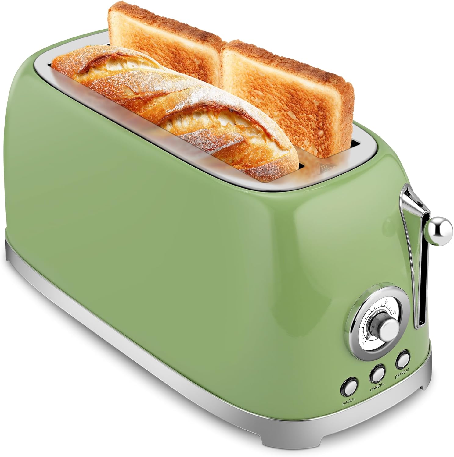 SUSTEAS Toaster 4 Slice Wide Slot, Stainless Steel Bread Bagel Toasters, Retro Long Slot Tostadora for Defrost, Reheat, Removable Crumb Tray, 1500W, 6 Browning Settings, Green