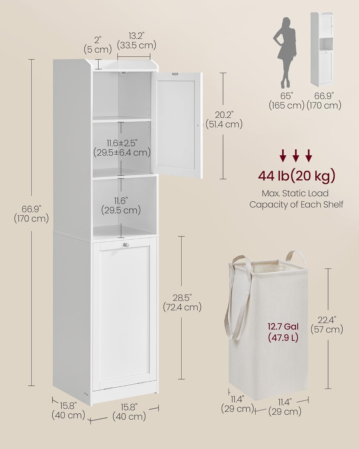 VASAGLE Tall Storage Cabinet, Storage Unit with Removable Laundry Basket, Compartment and Cabinet, for Bathroom, Living Room, 15.8 x 15.8 x 66.9 Inches, Cloud White UBBC761W01
