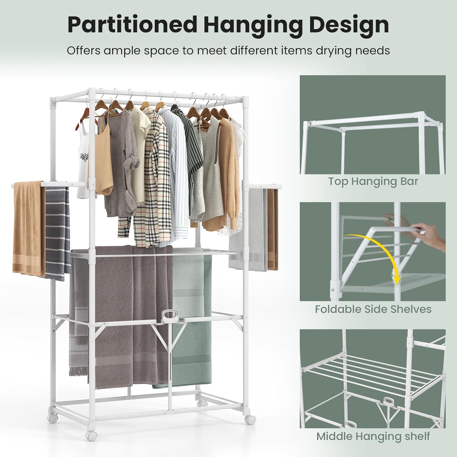 GOFLAME Foldable Clothes Drying Rack, Collapsible Laundry Rack Stand with Hanging Rods, Folding Side Shelves, Removable Middle Shelf, Garment Drying Rack with 4 Universal Wheels for Indoor Outdoor Use