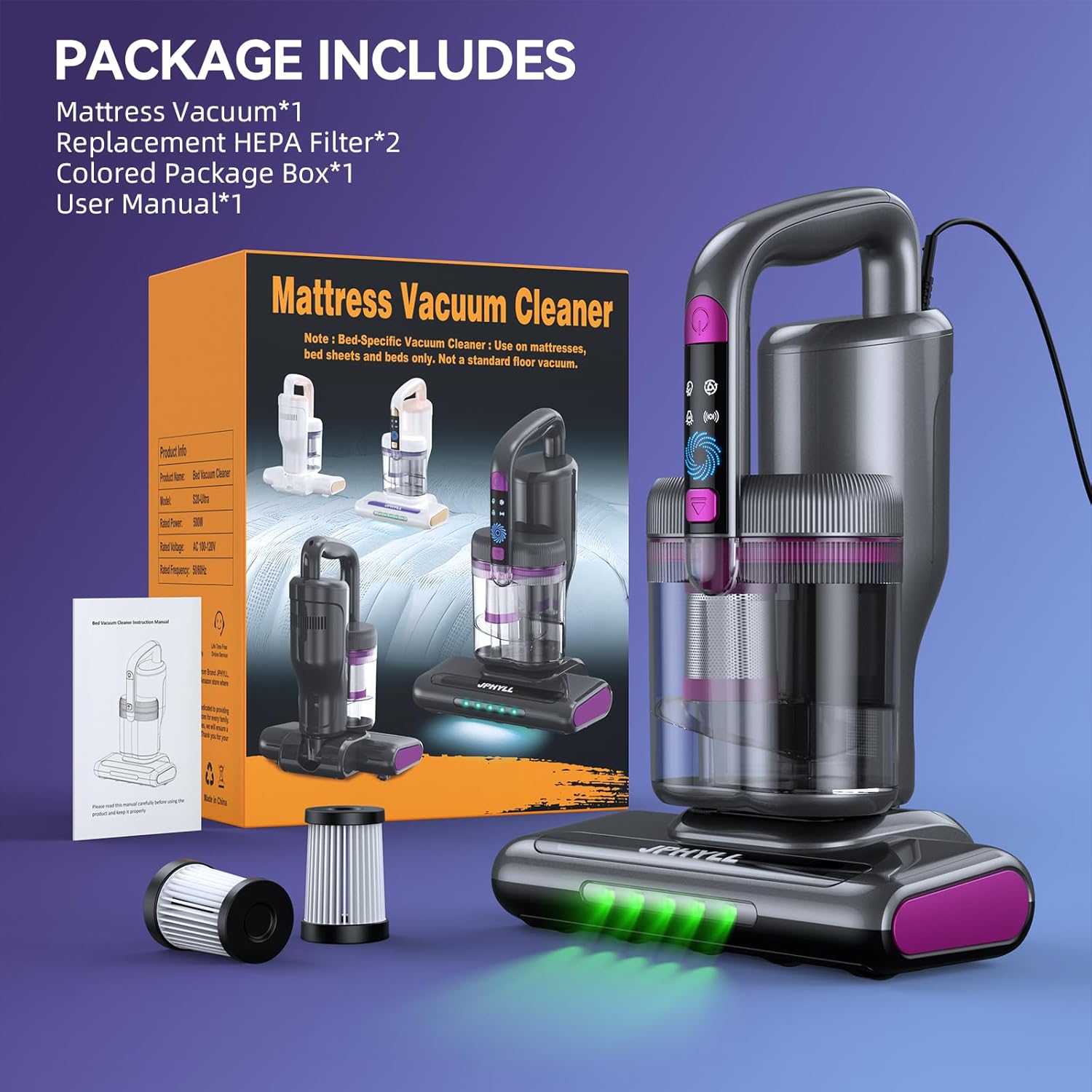 Mattress Vacuum Cleaner, 16Kpa Bed Vacuum with UV-C Sanitization, Thermal Air Drying, Ultrasonic Wave, and 30000 RPM/Min Brushroll Action, Expanded Suction Inlet, Corded (Dark Gray)