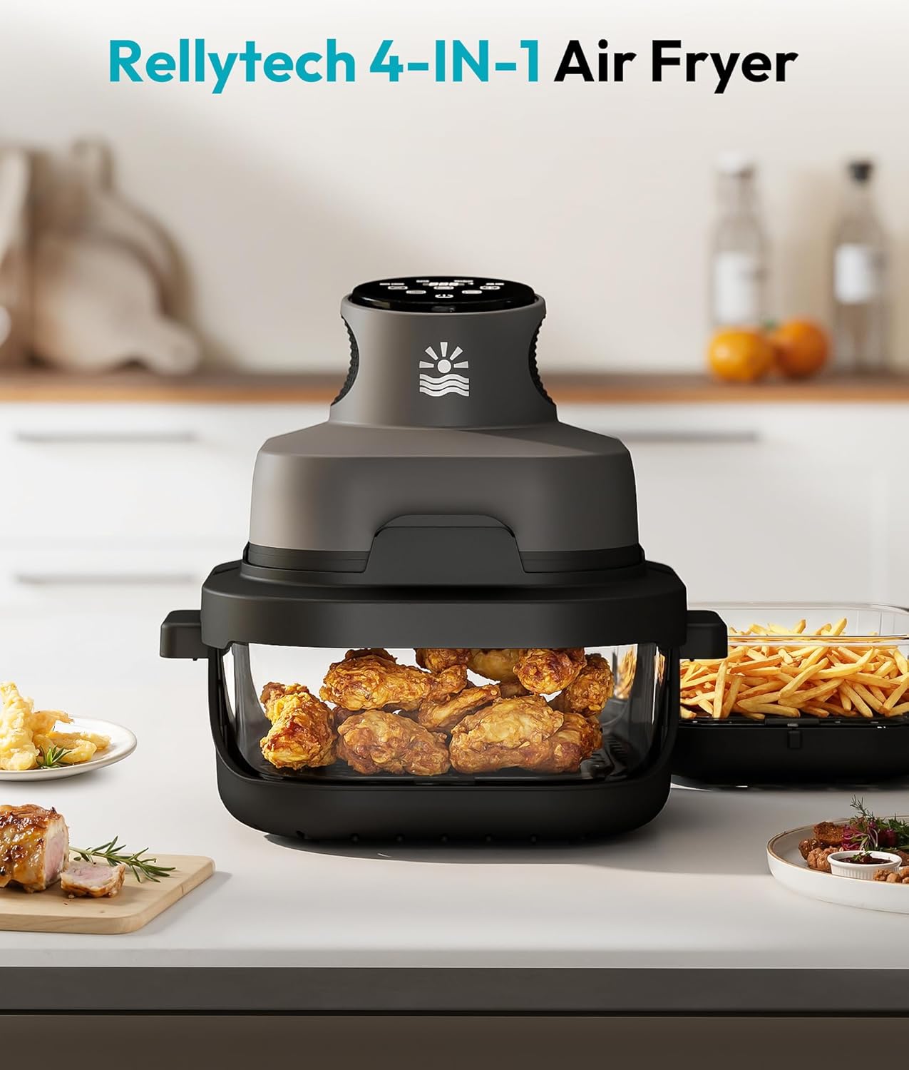 Portable Glass Air Fryer - 1500W, 4.2 QT & 6-Cup Dual Glass Containers with Lids, 4-in-1, 60 Min Timer, 140°F-400°F Adjustable, Microwave, Freezer & Dishwasher Safe, Grey
