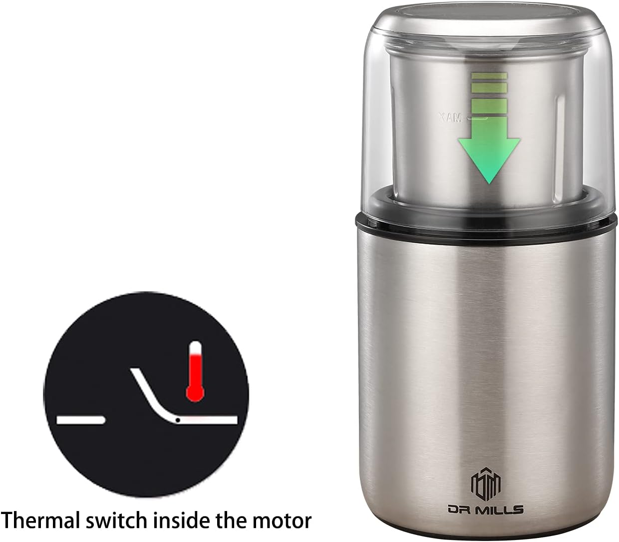 DR MILLS DM-7452 Electric Coffee Grinder,Spice Grinder Electric and Chopper,Detachable Cup, Diswash Free, Blade & Cup Made with SUS304 Stainless Steel