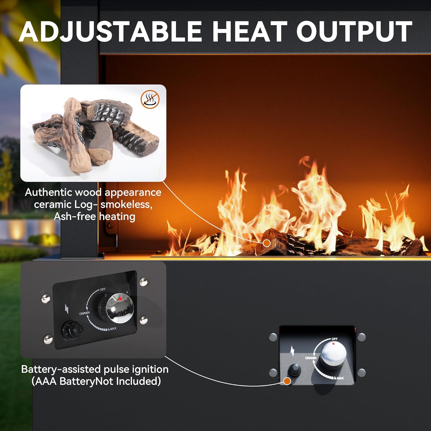 35'' Outdoor Propane Fireplace with Tank Storage, 50,000 BTU Outdoor Gas Fire Pit with CSA Certified, Adjustable Flame, Dust Cover, Smokeless Ceramic Wood for Patio, Garden, Deck, Gray/Tan