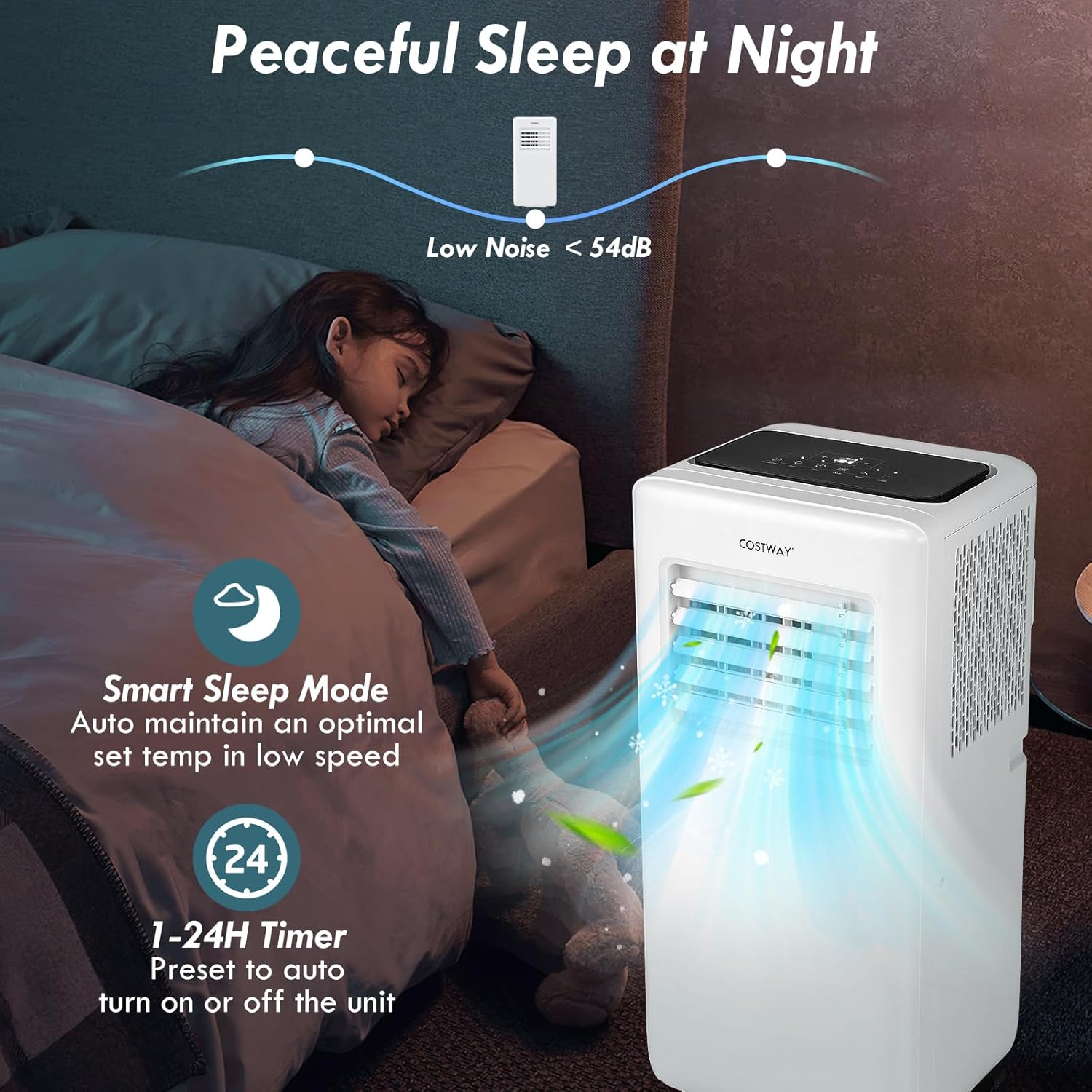 COSTWAY Portable Air Conditioner, 8000 BTU Portable AC Unit with Fan & Dehumidifier, Smart Sleep Mode, 24H Timer, Auto Swing & Window Installation Kit, Cools up to 250 Sq.Ft (8000 BTU)