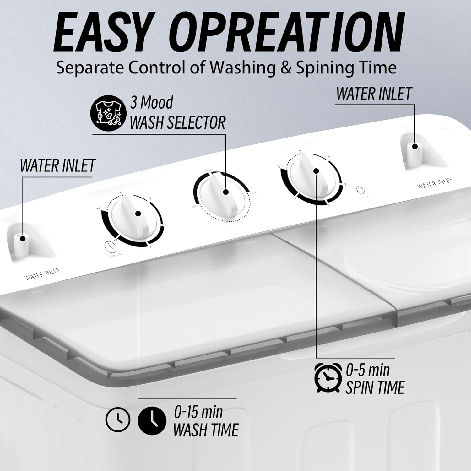 Sportpulse 17lbs Mini Twin Tub Portable Washing Machine, 10lbs Washer & 7lbs Spinner with Time Control for Apartments, Camping, RV – Compact Black Laundry Washer