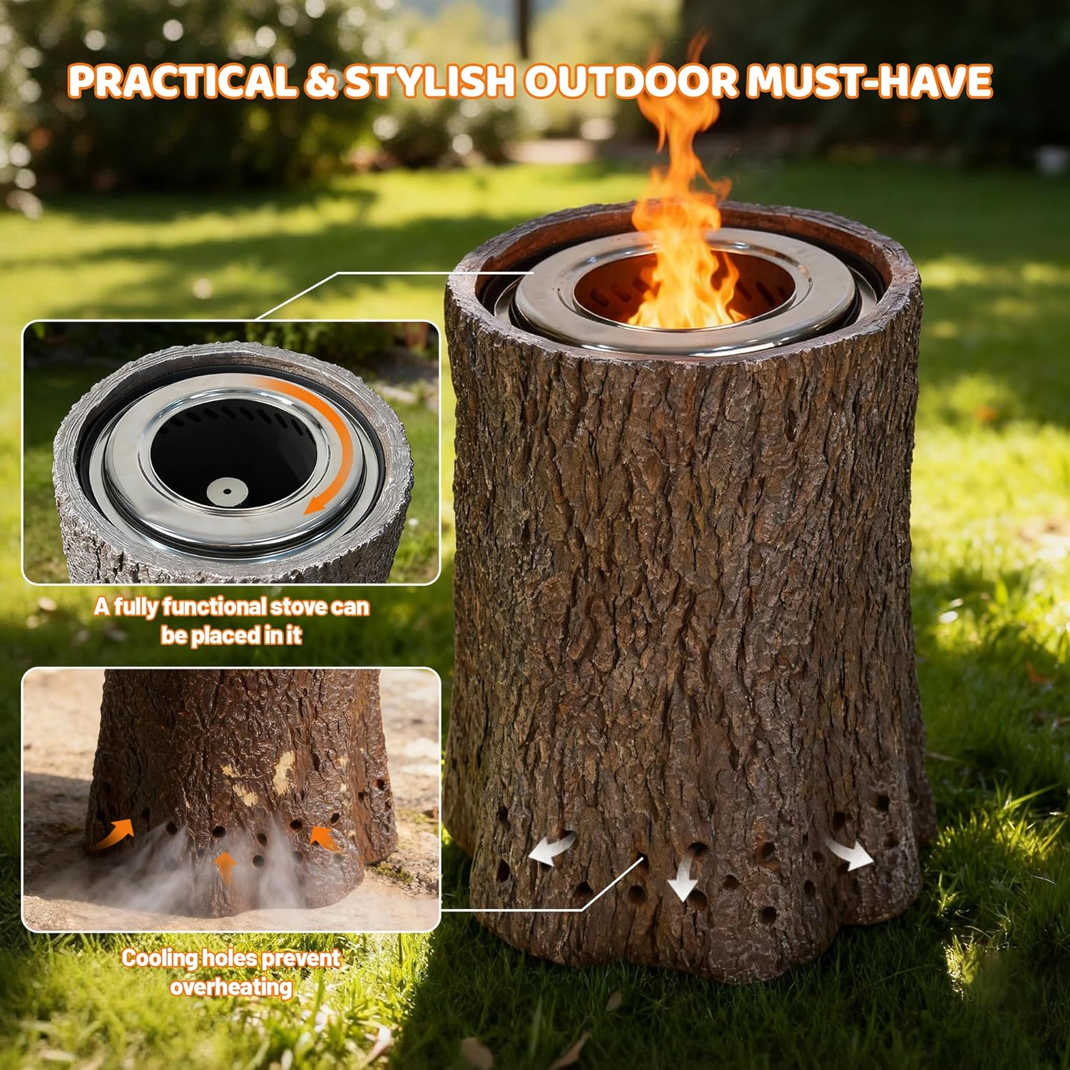11 inch Smokeless Fire Pit, Smokeless Stove for Camping, Outdoor and Patio, Fueled by Wood Pellets or Firewood, Comes with Wood-Colored Exterior Trim
