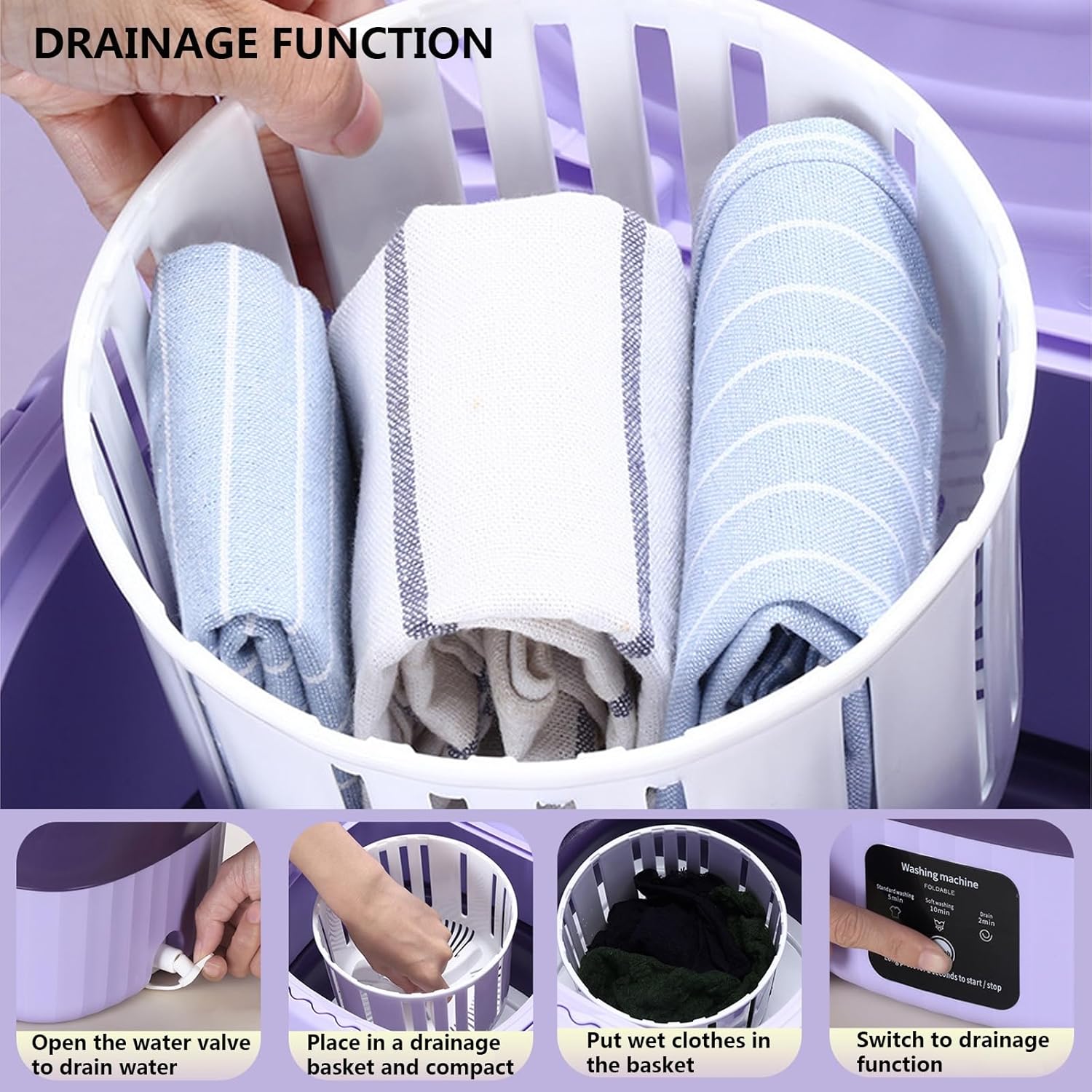 Mini Washing Machine for Clothes, Foldable Small Portable Washing Machine with 3 Modes Half Automatic Washt, 9L High Capacity Portable Washer Machine and Dryer for Apartment,Purple