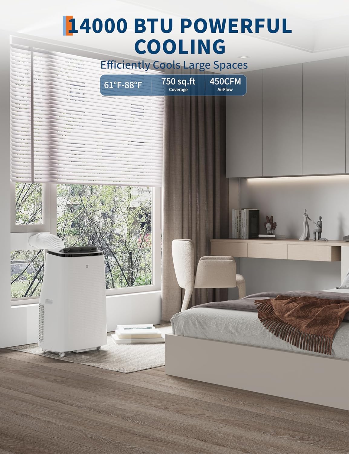 14,000 BTU Portable Air Conditioner - Cools 750 Sq.Ft 3 in-1 Portable AC Dehumidifier Fan, Remote Control Window Kit 48dB for Bedroom, Home, Office (14000 BTU - B)