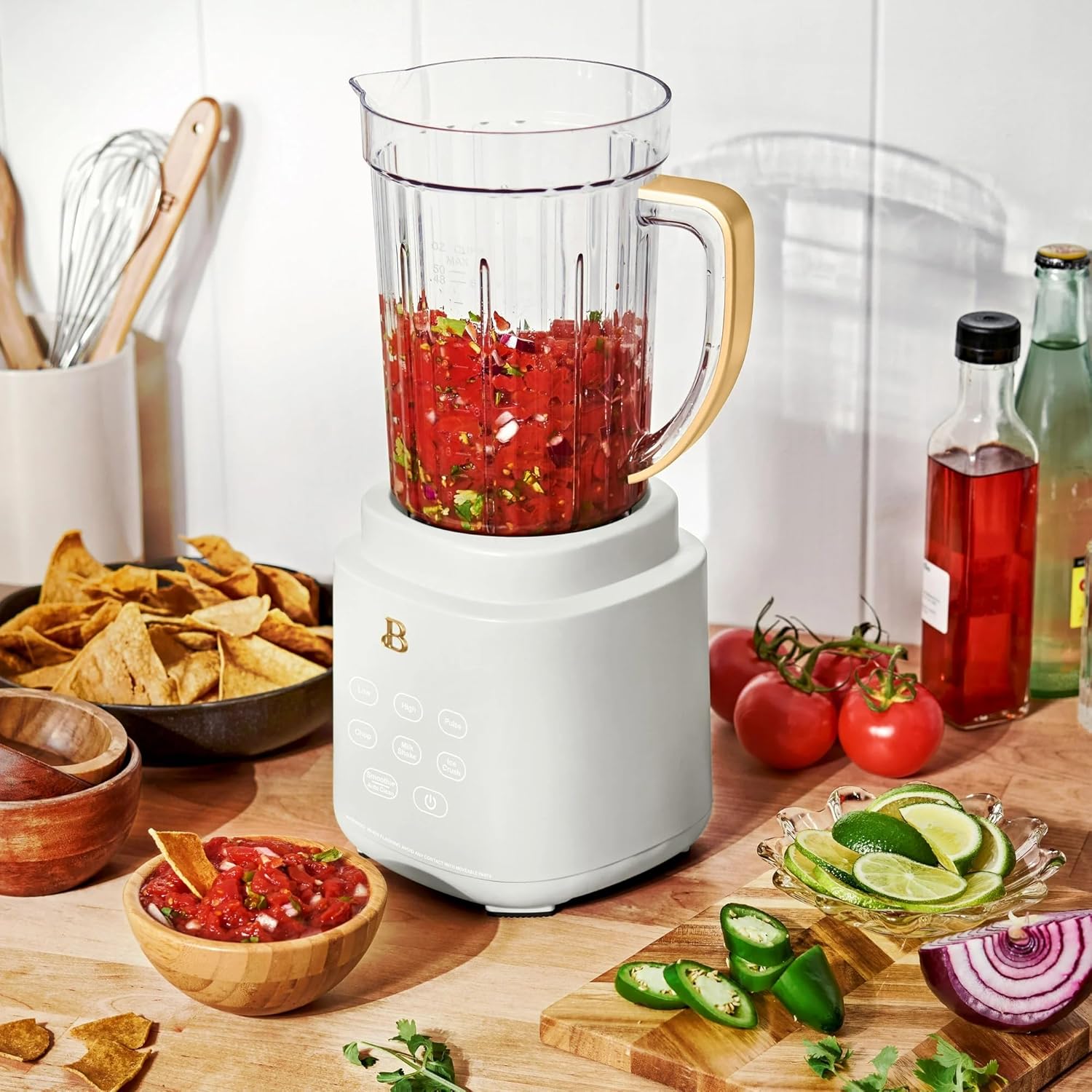 Beautiful PowerExact Blender System with 700W Motor, 50oz Tritan Jar, 20oz Single-Serve Cup, No Drippy Sippy™ Lid, 3 Speeds & 4 Pre-sets by Drew Barrymore (White Icing)