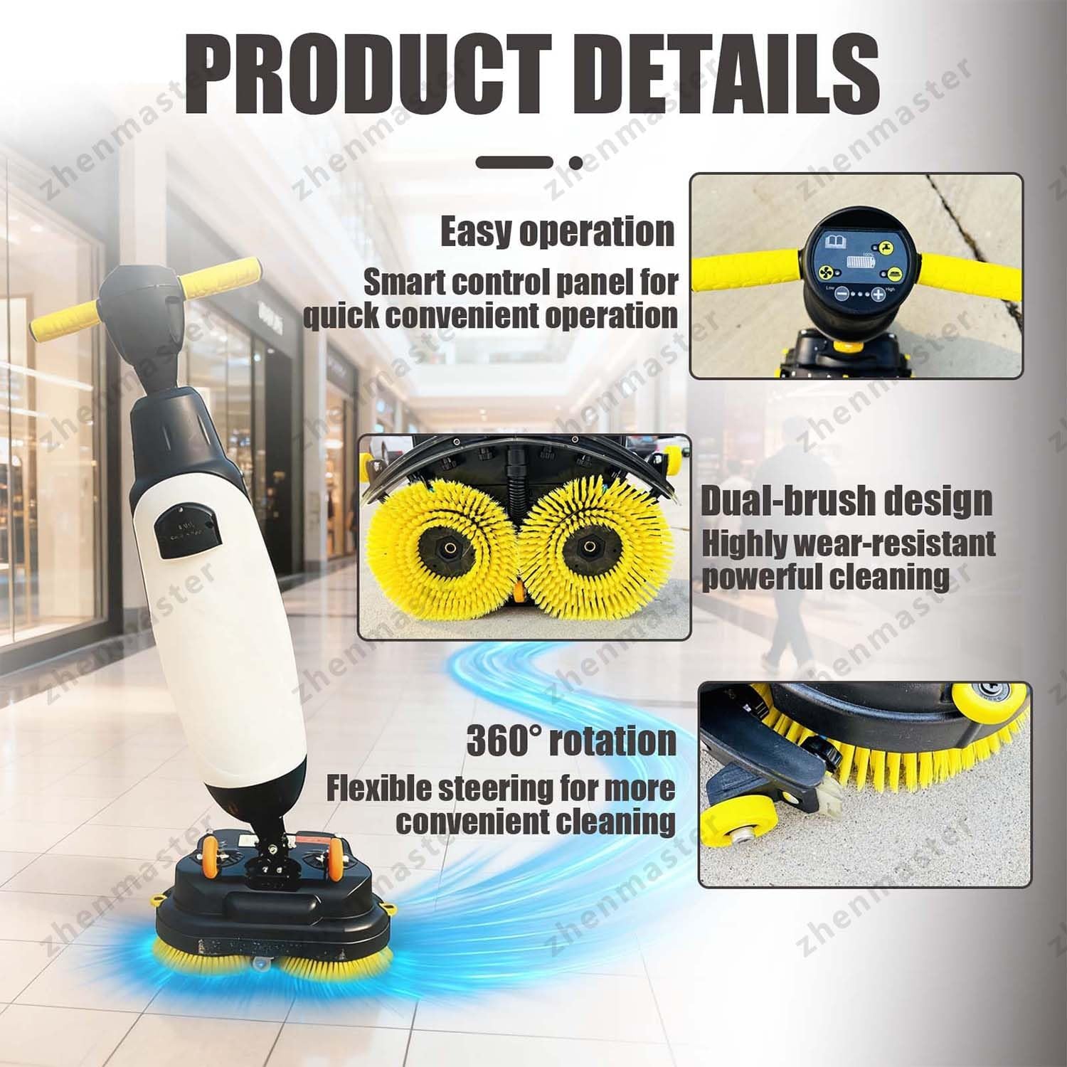 Commercial Floor Scrubber Machine, Hand Push Electric 3-in-1 Washer Dryer 17-Inch Cleaning Width, 13000 Sq Ft/H Efficiency for Tile Hardwood Carpet Floors, Ideal for Home Office Hotel Use(Gray)