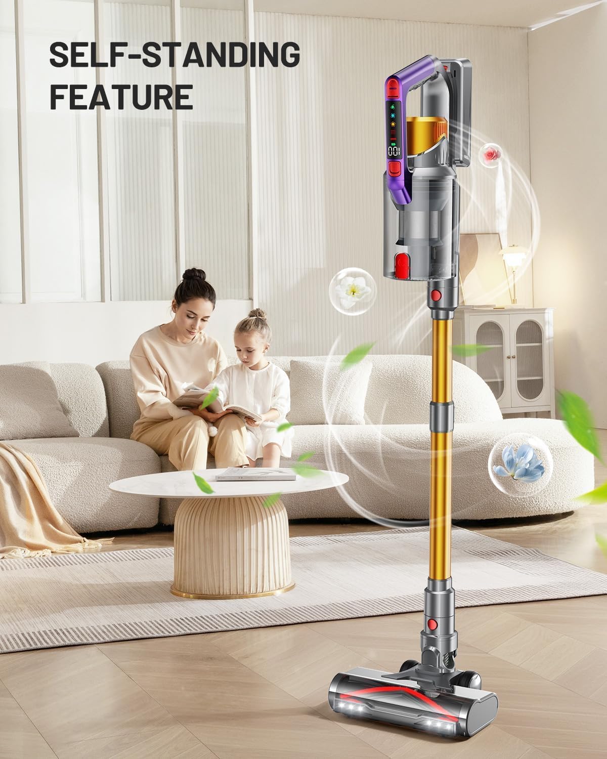 Cordless Vacuum Cleaner, 600W 50KPA 70Mins Vacuum Cleaners for Home, Self-Standing Stick Vacuum with Aromatherapy & LED Display Screen, Stick Vacuum Cordless Rechargeable for Pet Hair/Carpets (Gold)