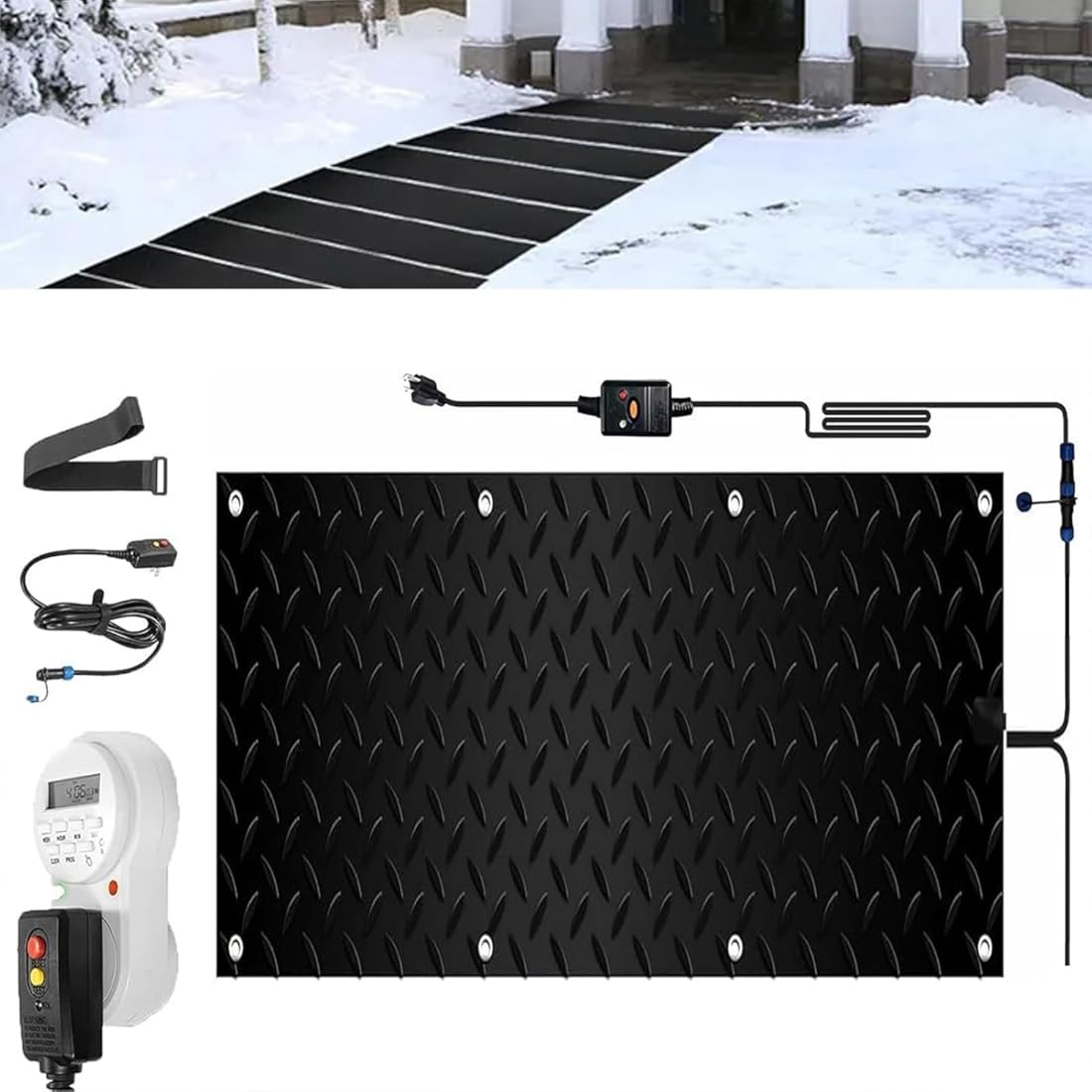 Outdoor Heated mat Walkway Snow Melting mats with Timer, 1/2/3/4/5 Pcs Outdoor Stairs- Non-Slip Winter Removal and Ice Melt Products -Heating Entrance with Power Cord(1 Pcs,12x36in/(30x90cm))