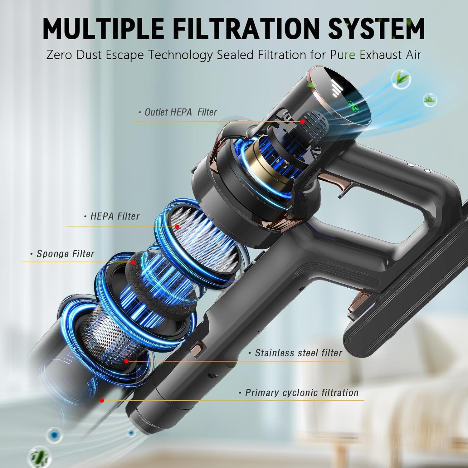 Cordless Vacuum Cleaner, 450W 48KPA Suction Power, 50 Minutes Runtime, Rechargeable Stick Vacuum for Carpet, Tile, Pet Hair, Hardwood Floors, Black Gold