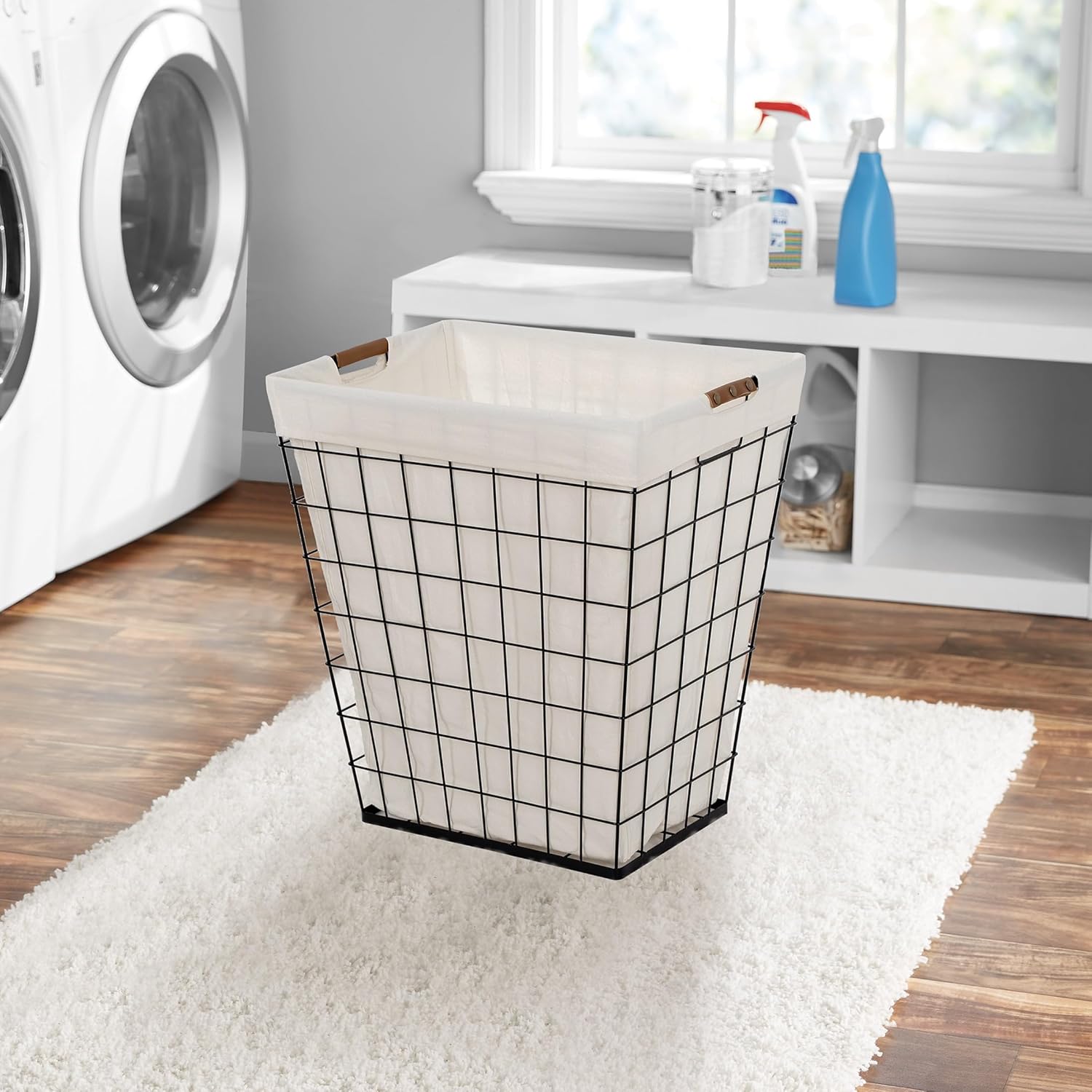 75L Rectangular Steel Wire Laundry Hamper, Black and Natural with Removable Cotton Blend Liner, 20x15x22.4 Inch, Adult Size, 75L Capacity