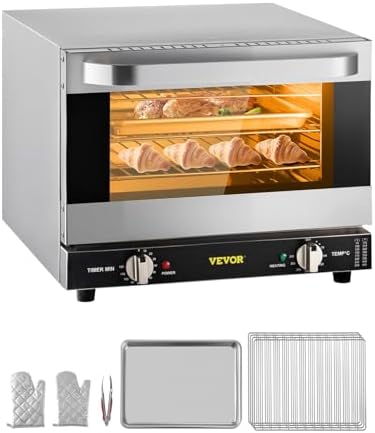 VEVOR Commercial Convection Oven, 21L/19Qt, Quarter-Size Conventional Oven Countertop, 1440W 3-Tier Toaster w/Front Glass Door, Electric Baking Oven w/Trays Wire Racks Clip Gloves, 120V