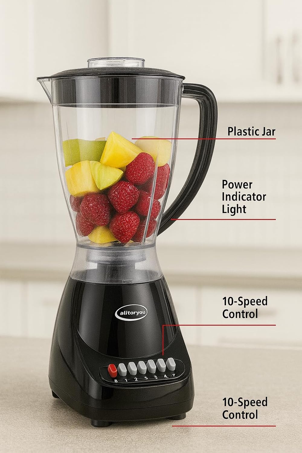 J&V TEXTILES 10 Speed Countertop Blender, Juicer & Smoothie Maker, Slim Flip & Store Design, Dishwasher Safe 51oz Capacity Pitcher & Lid, Stainless Steel Blade, 400 Watt