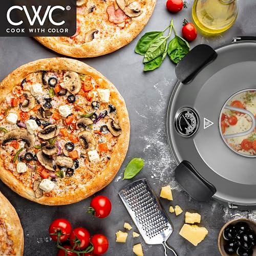 Cook With Color Electric Indoor Pizza Oven – Crispy Crust Countertop Pizza Maker, Heats up to 800˚F, 12 Inch Ceramic Stone, Dual Temperature Control Knobs, Bamboo Peel Included, Gunmetal Grey