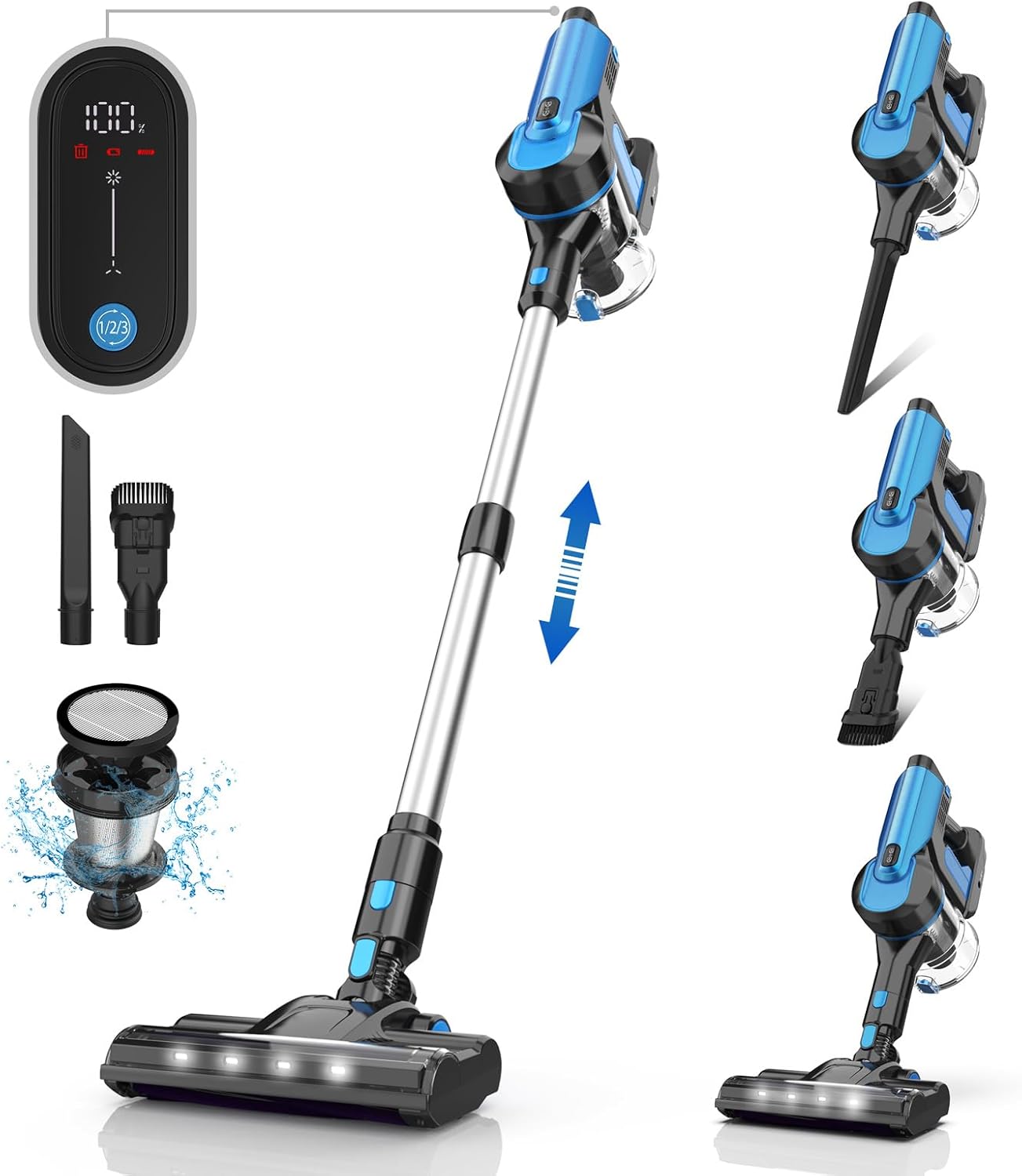 Cordless Vacuum Cleaner, 33000pa Suction Stick with Smart LED Display, Max 50 Mins Runtime, Anti-Tangle Lightweight Handheld for Hard Floor Carpet Pet Hair Home (Blue)