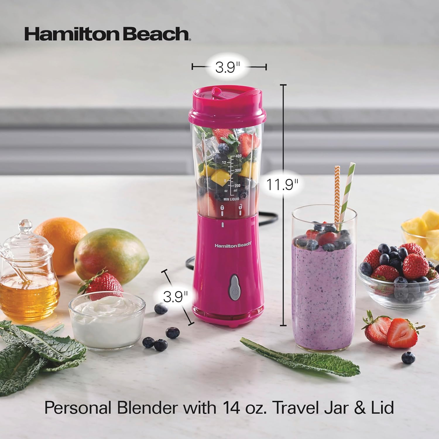 Hamilton Beach Portable Blender for Shakes and Smoothies, 14 Oz BPA Free Travel Cup & Lid, Durable Stainless Steel Blades, Personal Smoothie Blender, Raspberry, 51131G