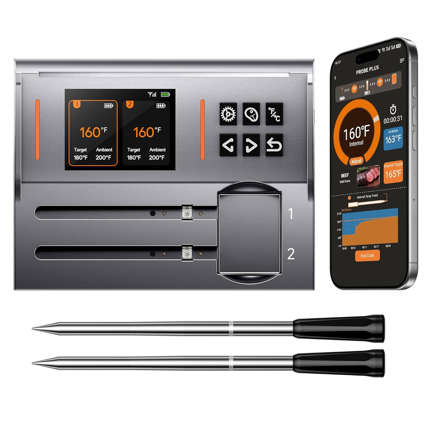 Dual Probes Meat Thermometer, Smart Digital Magnetic Standalone Base, Bluetooth Wireless Meat Thermometer Remote Tracking and Real-Time Readings, iOS and Android, for Grill, BBQ, Smoker