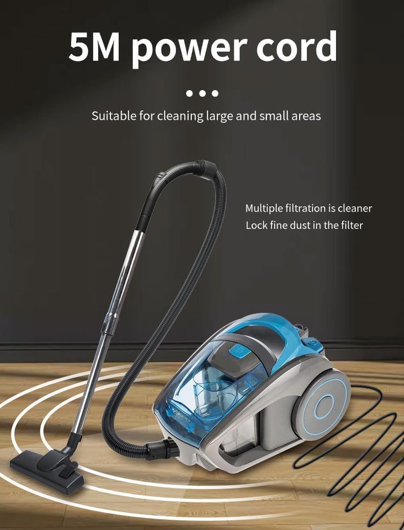 Cyclonic Bagless Cylinder Vacuum Cleaner, Lightweight and Low Noise, Extendable Hose, Carpet and Hard Floor Cleaner