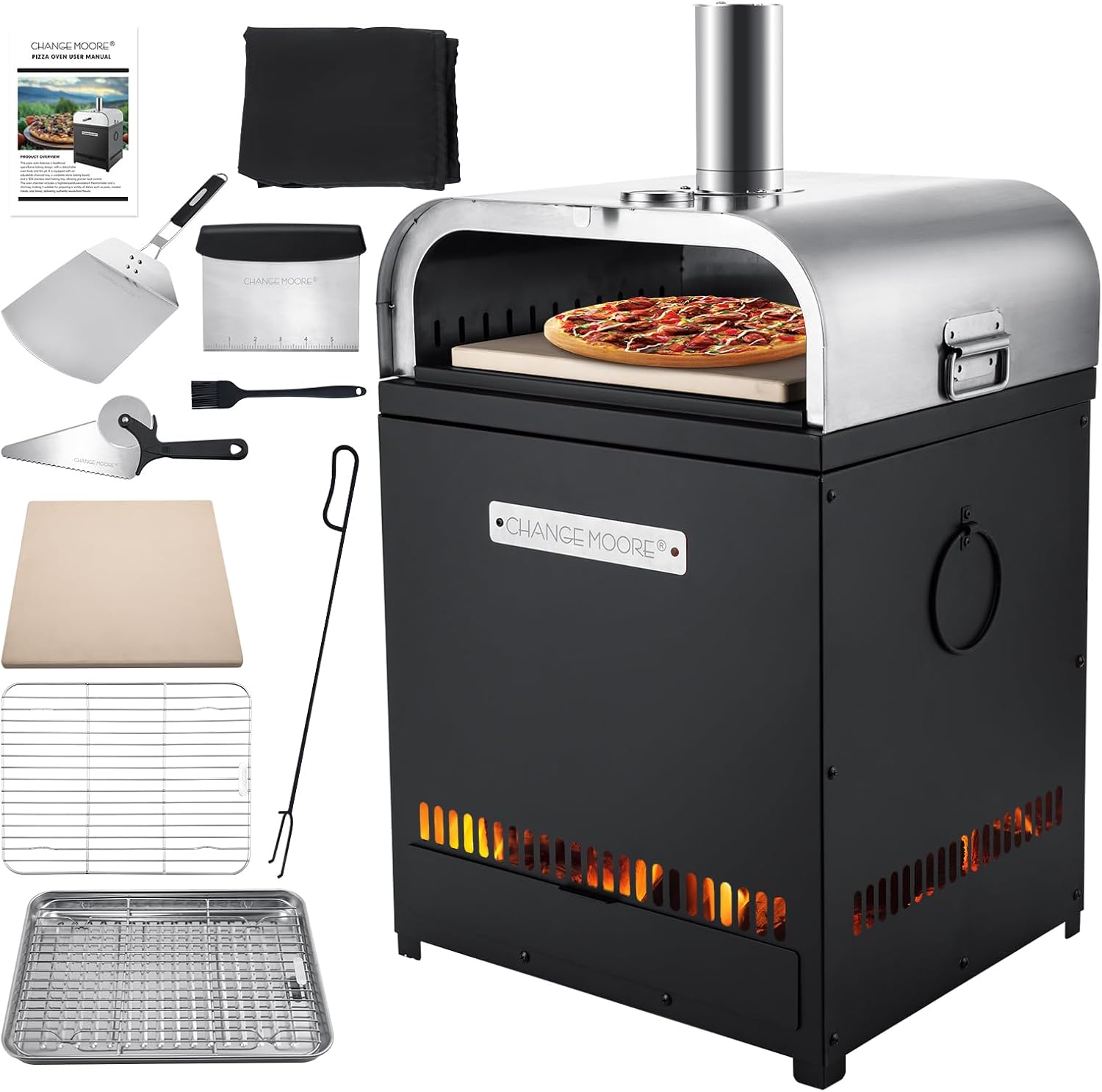CHANGE MOORE 4-in-1 Outdoor Pizza Oven with Fire Pit, Cordierite Stone, Cooking Grids, Adjustable Carbon Plate Double Height Fire Pit, Multipurpose Fired Pizza Maker for Camping Backyard BBQ