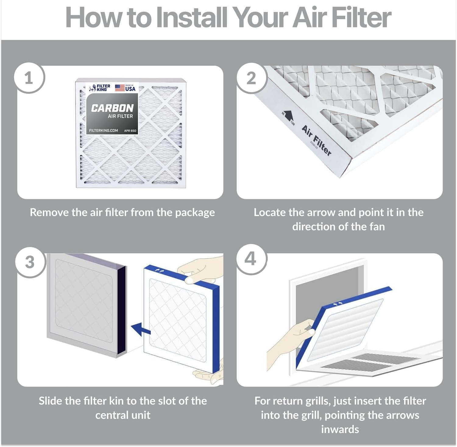 Filter King 21x22x1a Air Filter | 4-PACK | Carbon MERV 8 HVAC Pleated A/C Furnace Filters | MADE IN USA | Actual Size: 21 x 22 x .75