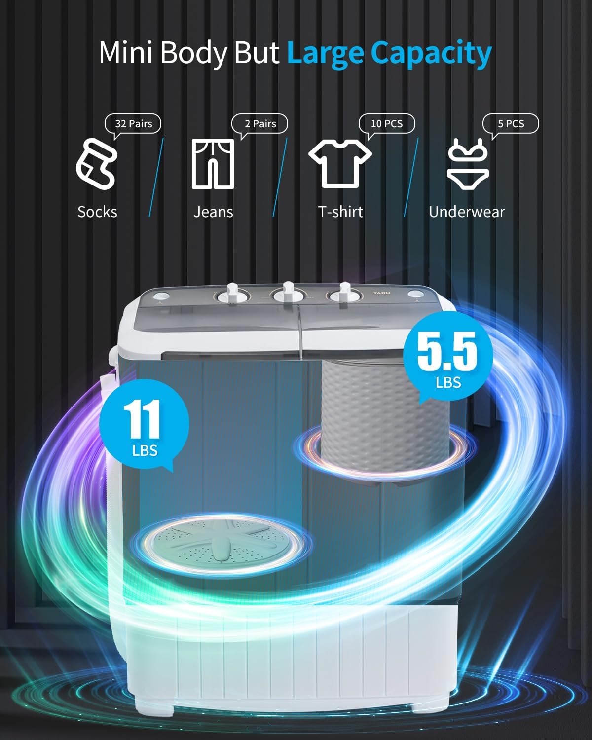 Portable Twin Tub 16.5lbs Mini Washing Machine,Compact Semi-automatic Washer and Spin Combo,Top Load,Portable Washer for Dorms,Apartments,RVs(White & Gray)